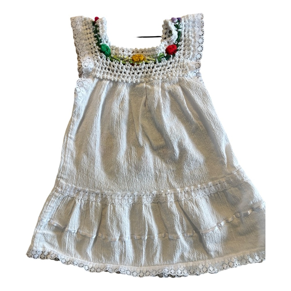 White Embroidered Punta Cana Parrot Crochet Lace Dress Size 12 Months - Picture 2 of 3